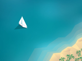 Summer holiday background with yacht sailing to a sandy beach on