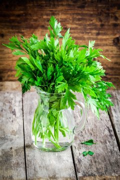 organic fresh bunch of parsley in a glass jar