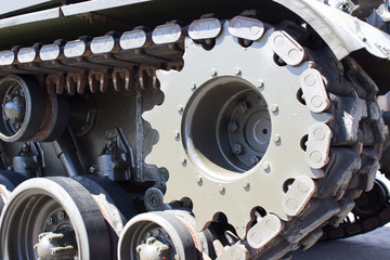 Tank close-up with wheel, caterpillar.  American tank.
