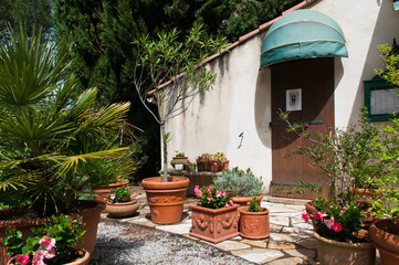 Fototapeta na wymiar Old house with plants in pots on patio in the south odf France