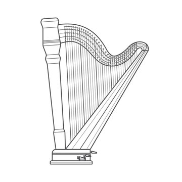 dark outline pedal harp technical illustration