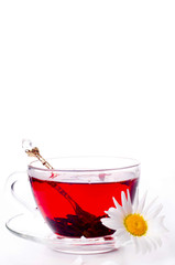 Cup of tea with teabag over white