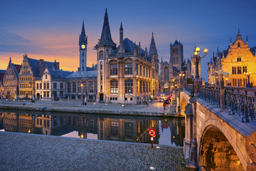 Ghent. Image of Ghent, Belgium during sunset. - obrazy, fototapety, plakaty