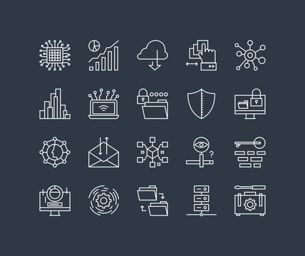 Network data process line icons set