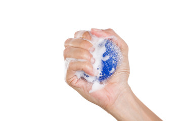 Sponge in hand on white background