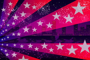 Stars and stripes on the background of the city.