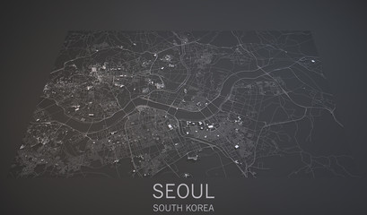 Mappa Seoul, vista satellitare, Corea del Sud, 3d