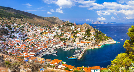 beautiful Greek islands - panorama of Hydra, Saronics - obrazy, fototapety, plakaty