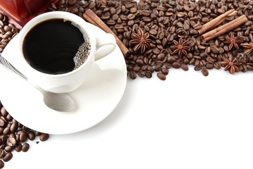 Coffee cup with beans at the top on white