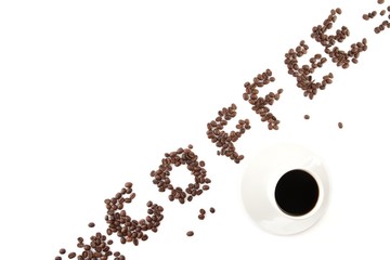 Coffee word arranged diagonally with coffee cup on white