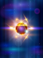 Model of the atom & blue technology background