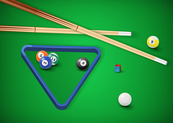 Billiard balls in a pool table.