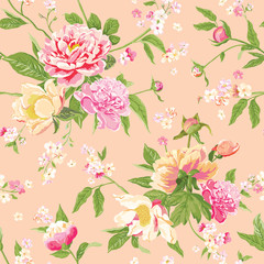 Vintage Peony Flowers Background - Seamless Floral Shabby Chic Pattern