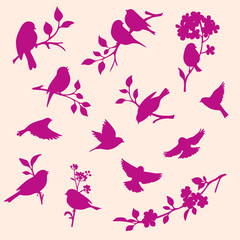 set of decorative bird and twig silhouettes
