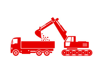 Truck and excavator on white background