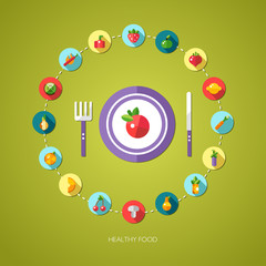 Illustration of flat design fruits and vegetables icons composit