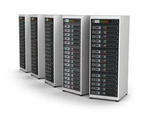 Row of network servers in data center isolated on white