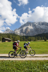 mountainbike downhill in the dolomite mountains