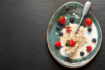 Oat flakes, milk and berries. A healthy breakfast. top view