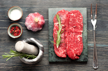 Raw steak Ribeye entrecote. top view