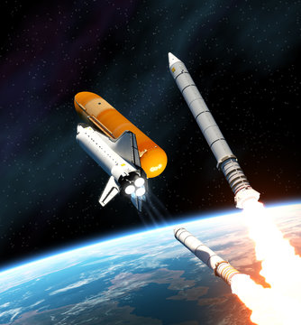 Space Shuttle Solid Rocket Busters Detached. 3D Scene.