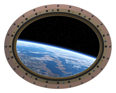 Futuristic Space Station Porthole. View From Space. 3D Scene.