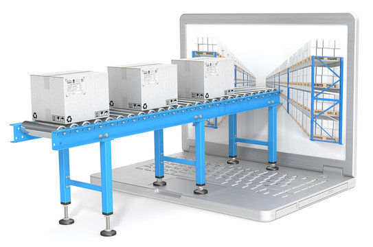 Conveyor with cardboard Boxes, Laptop Screen. Warehouse shelves.