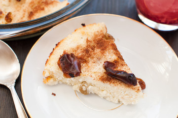 Piece of cottage cheese casserole with raisins