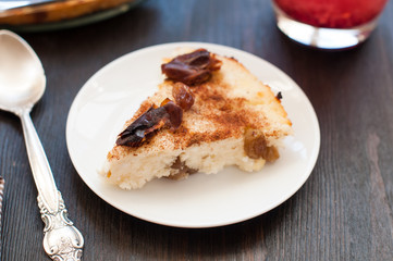 Piece of cottage cheese casserole with raisins