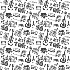 Music seamless pattern with doodle musical instruments and sound elements . Vector illustration music print