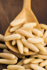 Dry Organic Pine Nuts on Wooden Background