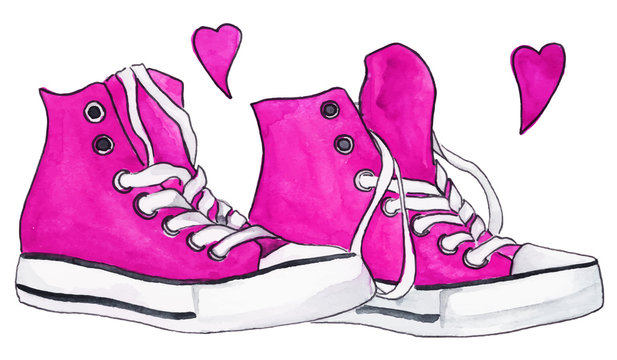 Pink crimson sneakers pair shoes hearts love isolated