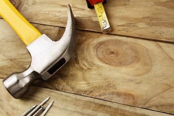Carpentry work tools on wood. Copy space