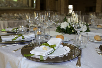 Table setting for a  wedding reception.