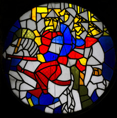 Stained glass window with image of knights