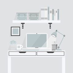 Pretty white and teal working place on gray background