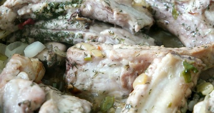 Macro of frying pork ribs