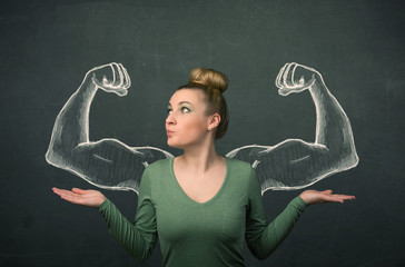 woman with sketched strong and muscled arms