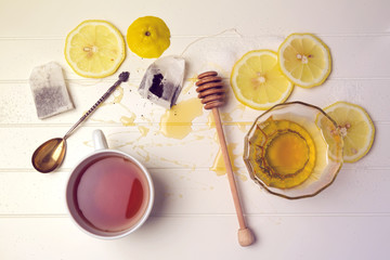 Tea with lemon and honey. View from above