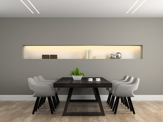 Modern interior dining room with table 3D rendering