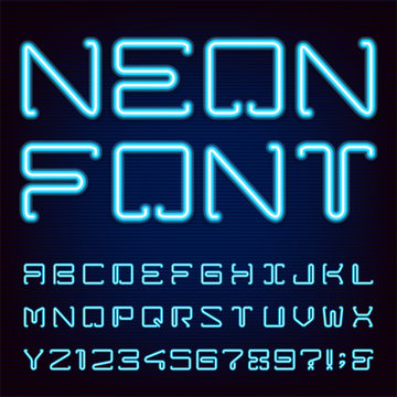 Neon Blue Light Alphabet Vector Font.