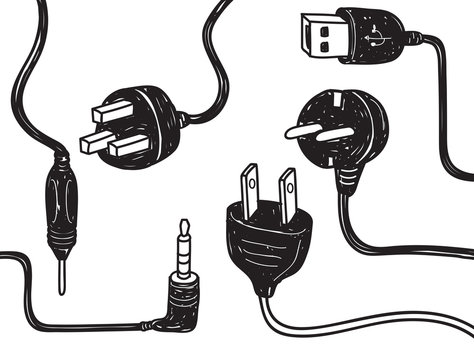 Set Of Plug In Socket In Doodle Style