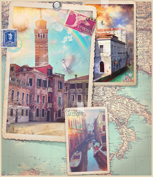 Vintage postcards and collage of Venice city