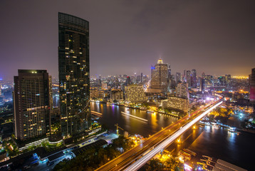 Landscape of River in Bangkok city  at night, bird view