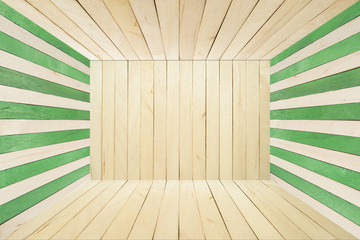 Colorful wood room on wide angle view