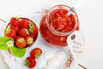 Strawberry jam with white chocolate, home made in jar