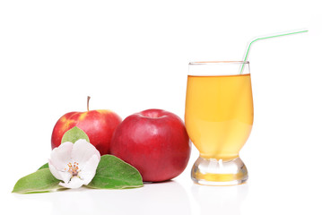 Glass of apple juice and apples, isolated on white