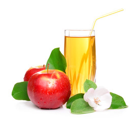 Glass of apple juice and apples, isolated on white
