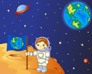 Astronaut with Earth flag on the moon surface in space