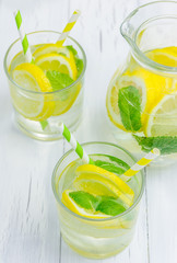 Homemade lemonade with fresh lemon and mint